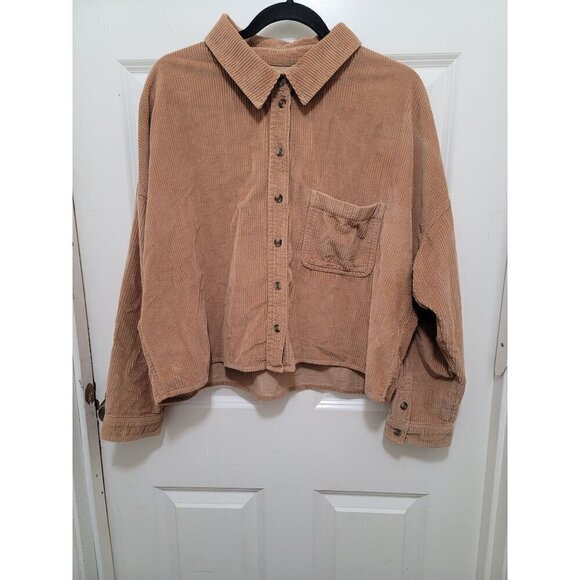 American Eagle Corduroy Button-Up Shirt Beige With  A Front Pocket SZ L - Picture 2 of 12